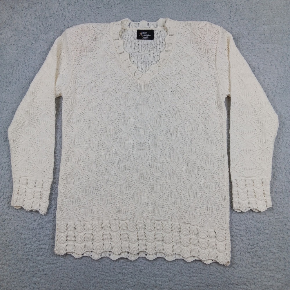 VTG Silver Threads Ltd. Sweater Women L Off-White Pointelle Scalloped V-Neck